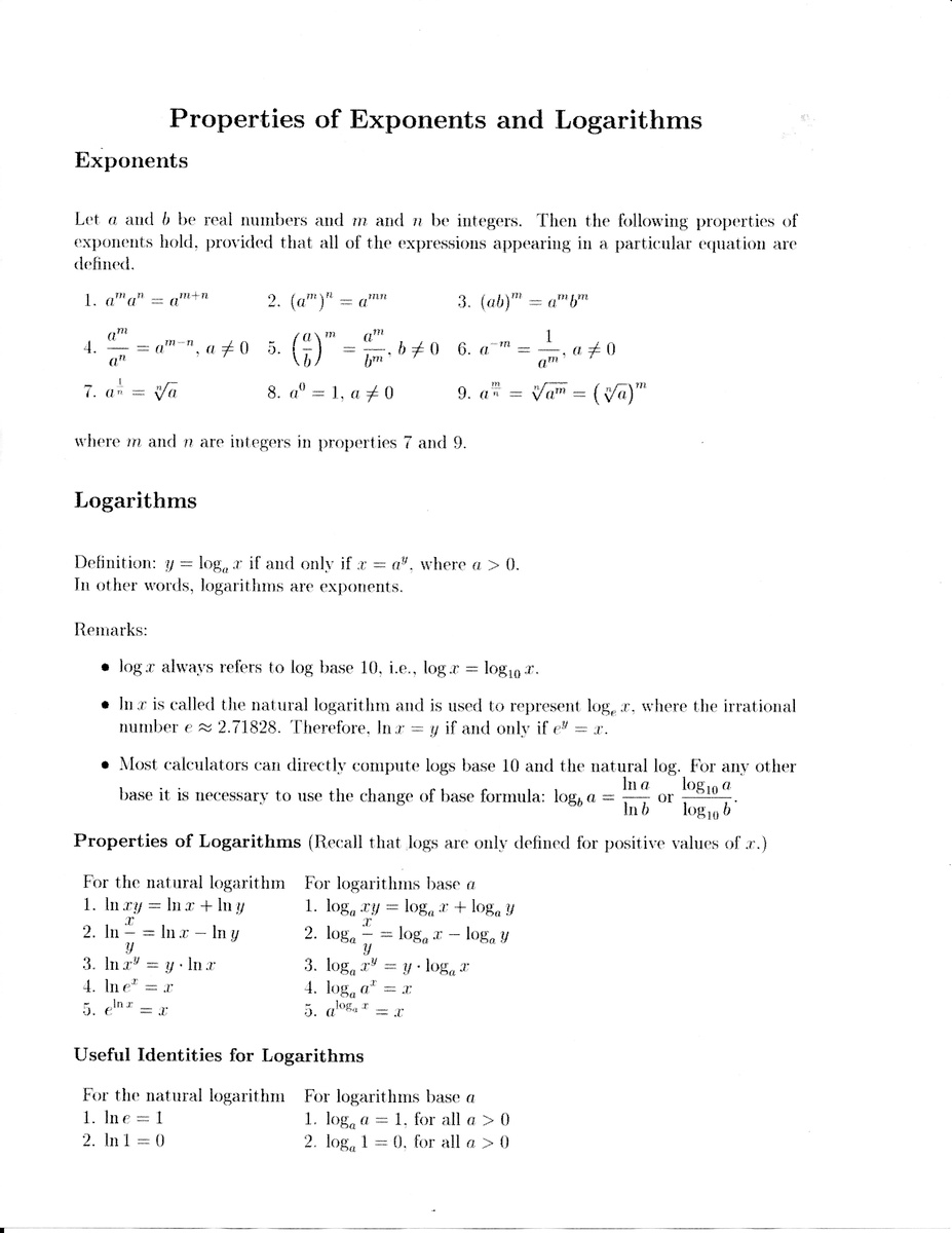 Rules of Logs and Exponents