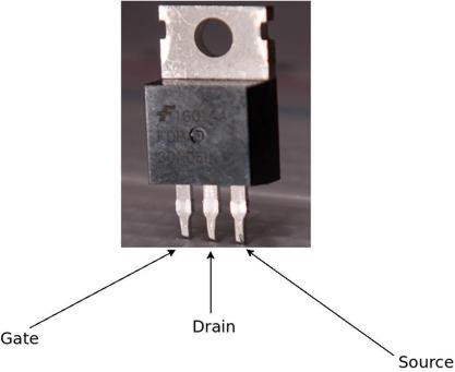 Closeup of N-Channel MOSFET with pins labeled